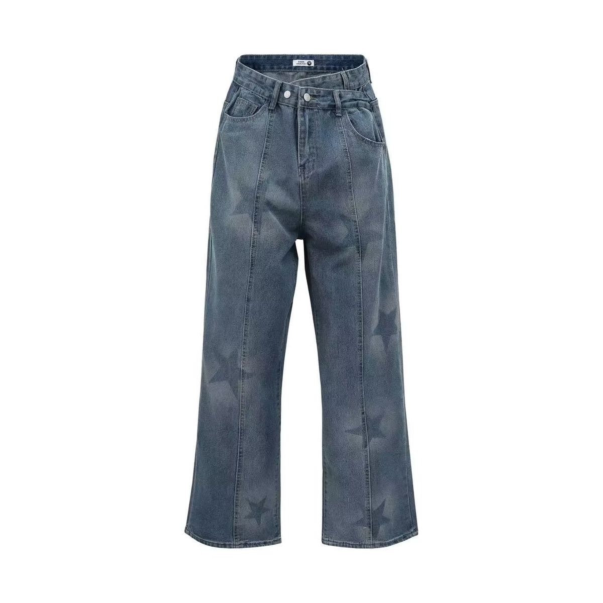 Calça jeans feminina vintage com estampa de estrelas - Calça jeans de cintura alta e pernas largas com design retrô, tecido de algodão confortável, modelagem reta._voghion.com