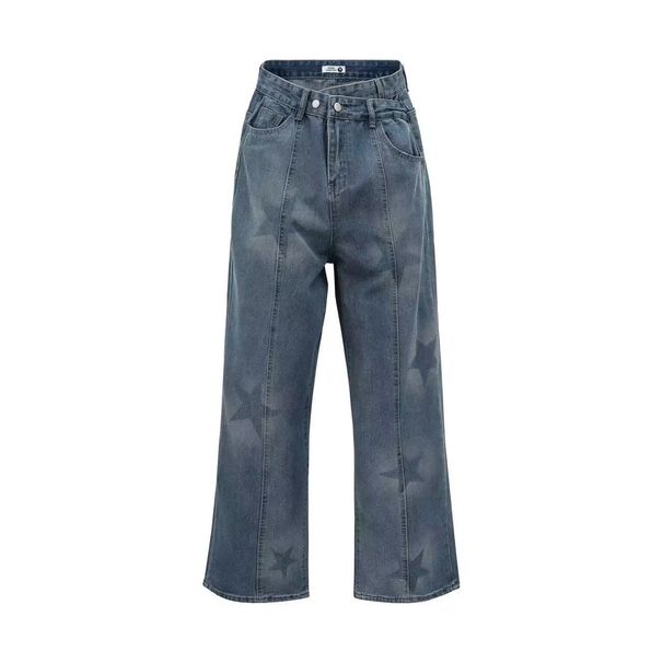 Calça jeans feminina vintage com estampa de estrelas - Calça jeans de cintura alta e pernas largas com design retrô, tecido de algodão confortável, modelagem reta._voghion.com