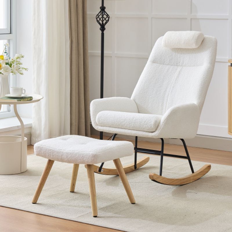 Mecedora ergonómica de terciopelo de peluche con reposacabezas y reposapiés, patas de madera y estructura de hierro para sala de estar (blanca, capacidad de 100 kg)_voghion.com