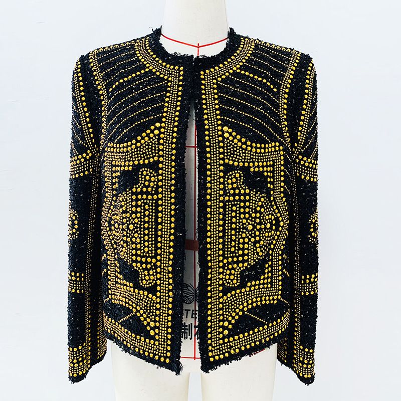 Giacca blazer in tweed spesso da donna con borchie in metallo e perline - Elegante cappotto con scollo rotondo per donna, da ufficio e da sera (nero, S/M/L)_voghion.com