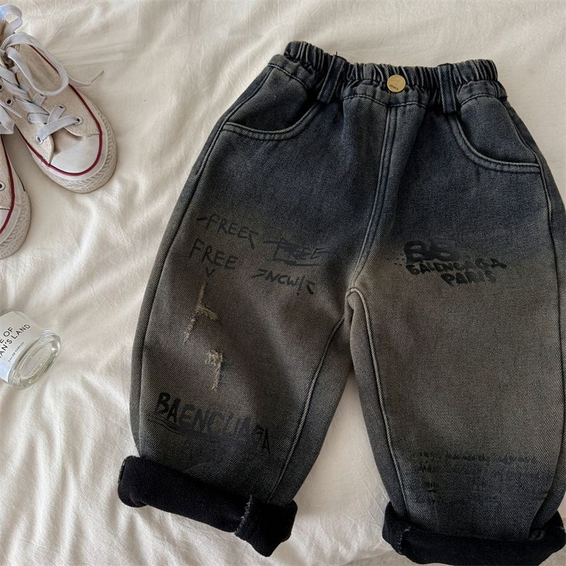 Kinder 2024 Winter Neues Produkt Herren- und Damenbekleidung Dicke Jeans mit Buchstaben Baby-Farbverlaufshose_voghion.com