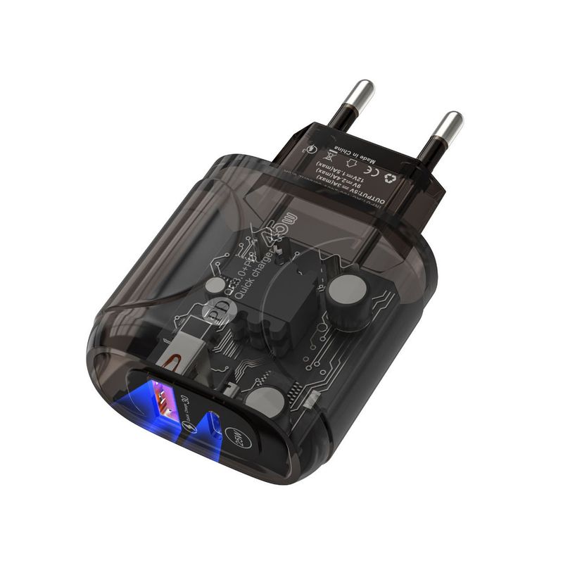 EU USB+PD 45W Mobile Phone Charger Adapter Round Pin Plug Portable For International Travel_voghion.com