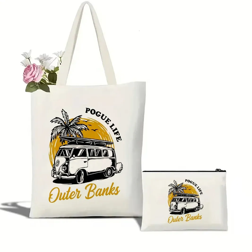 Borsa da viaggio in tela riutilizzabile, portatile, con stampa casual da spiaggia, alla moda, OUTER BANKS_voghion.com