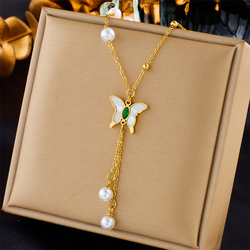 Collana multistrato alla moda di nicchia creativa semplice perla farfalla colorata strass amore ciondolo nappa catena_voghion.com