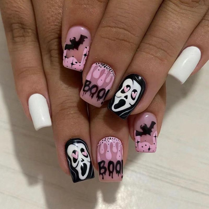 Valse Halloween 24 Stuks Nagels Lange Ballet Nep Nagel Met Spook Spinnenweb Ontwerp Doodskist Druk Op Nagels Wearable_voghion.com