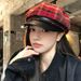 Women's Red Plaid Wool Octagonal Hat Leather Beret_voghion.com