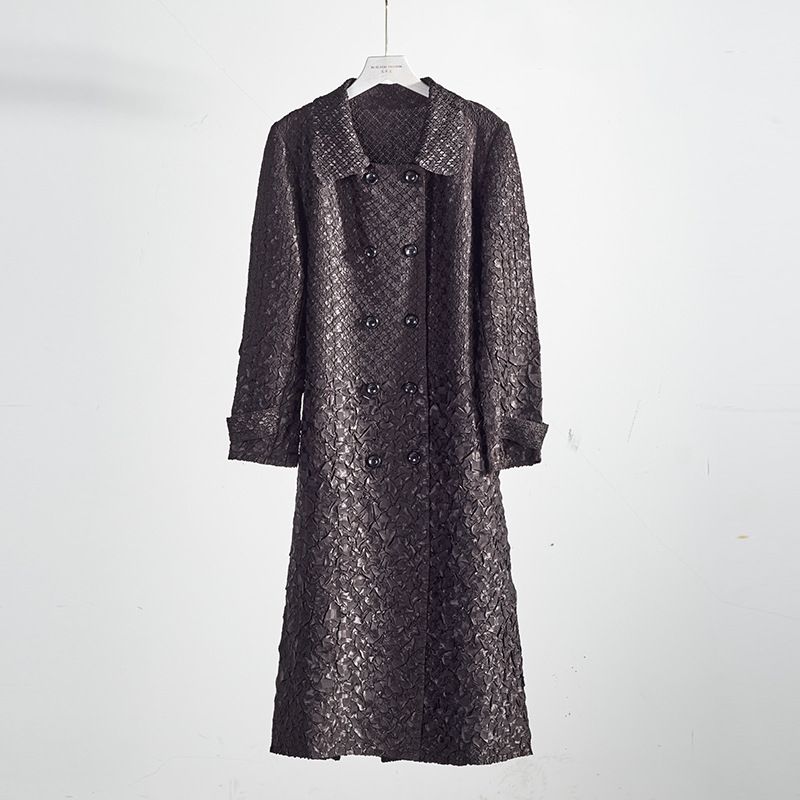Frühlingsgefaltete Damen-Windjacke, zweireihig, einfarbig, glitzernd, leicht, reifer Wind, langer Mantel für Damen_voghion.com