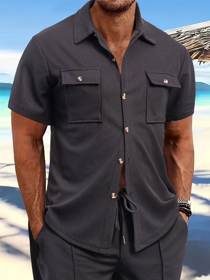 Men's Clothing Summer Men's Waffle Short Sleeved Casual Solid Color Lapel Button Pocket Versatile Shirt_voghion.com
