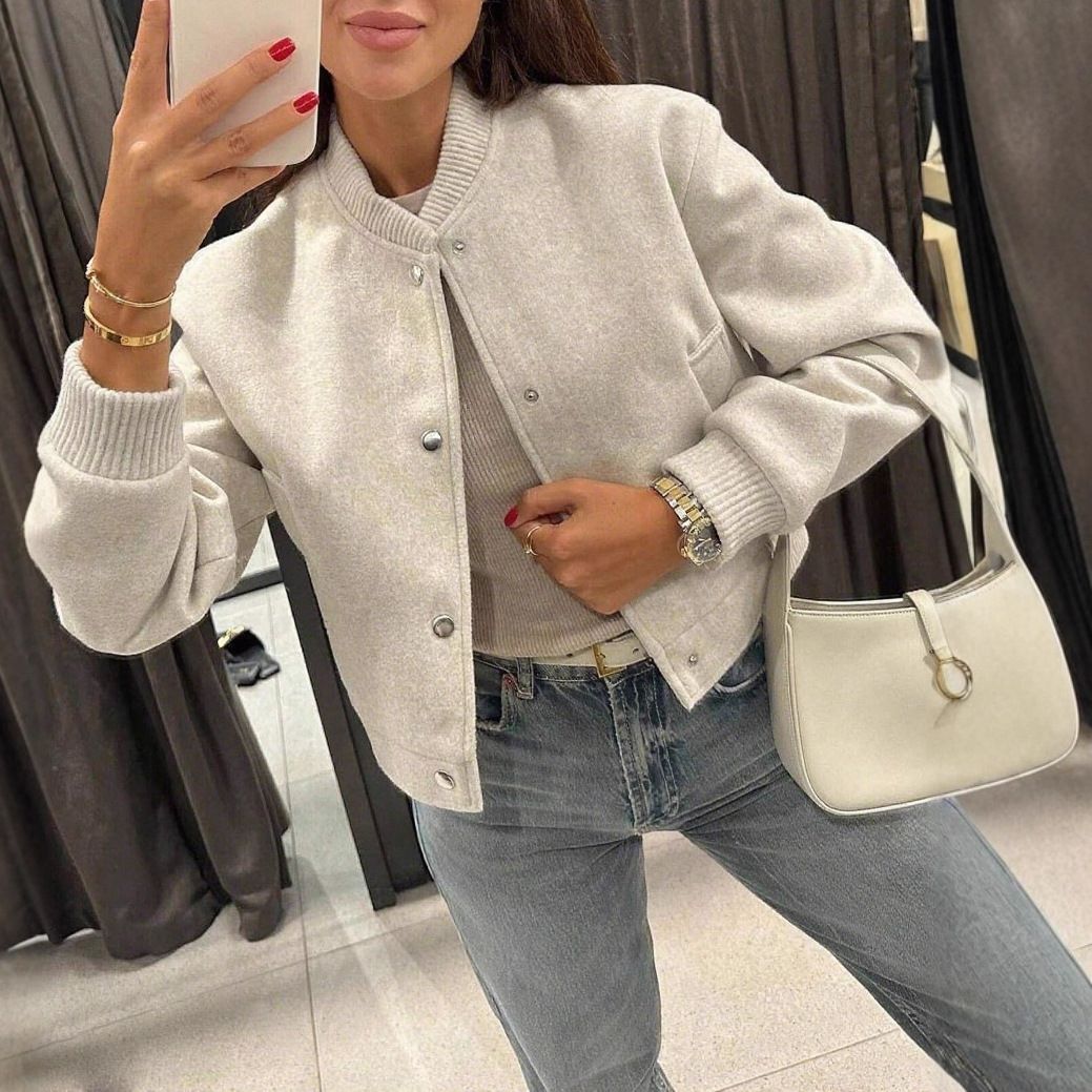 Baseballjacke aus Wollmischung für Damen – Lässiger Bombermantel mit langen Ärmeln und Taschen (S-XL, Khaki)_voghion.com