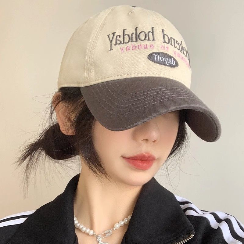 Korean Baseball Cap For Women, Face Slimming, Color Block, Versatile Soft Top Duckbill Cap, Large Head Circumference,_voghion.com