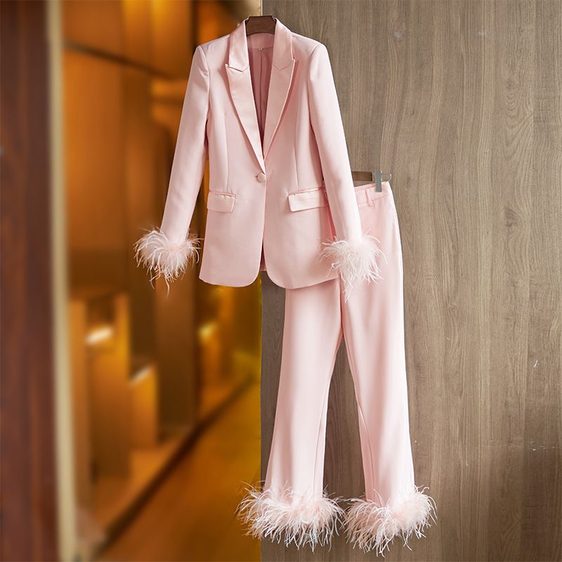 Women's Clothing Internet celebrity style pink feather splicing suit two piece suit temperament dress pants suit cross border_voghion.com
