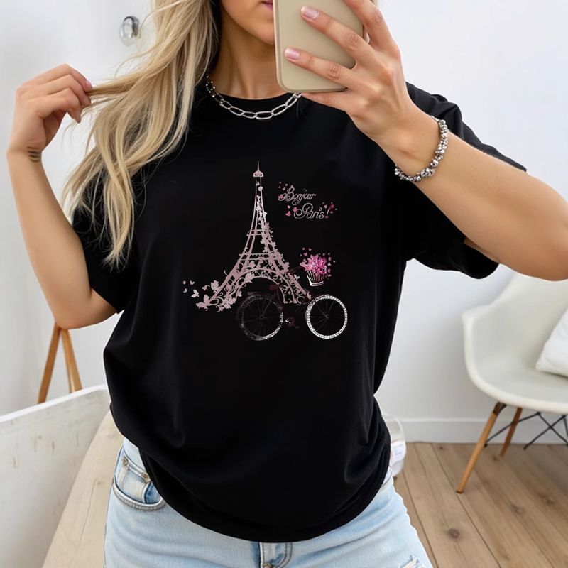 T-shirt stampata a maniche corte da donna, design elegante e casual, motivo Torre Eiffel, adatta per l'uso quotidiano_voghion.com