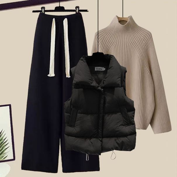 Plus Size Women's Knit Sweater & Vest Set With Casual Pants – Cozy Autumn Winter Outfit, Flattering & Stylish Loungewear_voghion.com