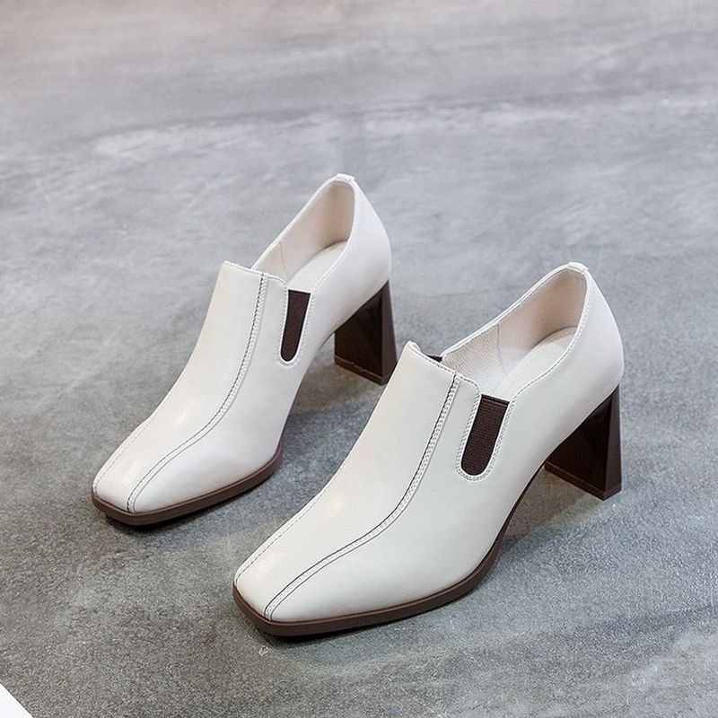 Dicker Absatz einzelne Schuhe Damen neue High Heels quadratischen Kopf tiefen Mund kleine Lederschuhe quadratischen Kopf Damenschuhe schwarze Low Top Schuhe Damen_voghion.com
