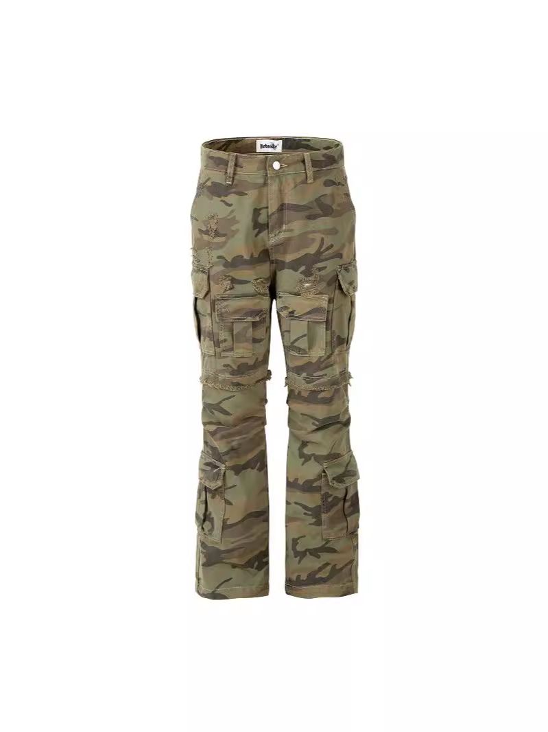 Herrenbekleidung Militärische Tarnung Overalls Herren Herbst Lose Rohkantennähte Lose Gerade Hose_voghion.com