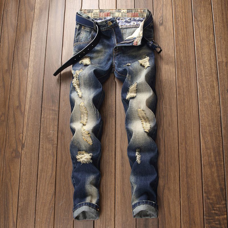 Jeans nostalgici da uomo, alla moda, lavati, strappati, alla moda, per ragazzi, stile High Street_voghion.com