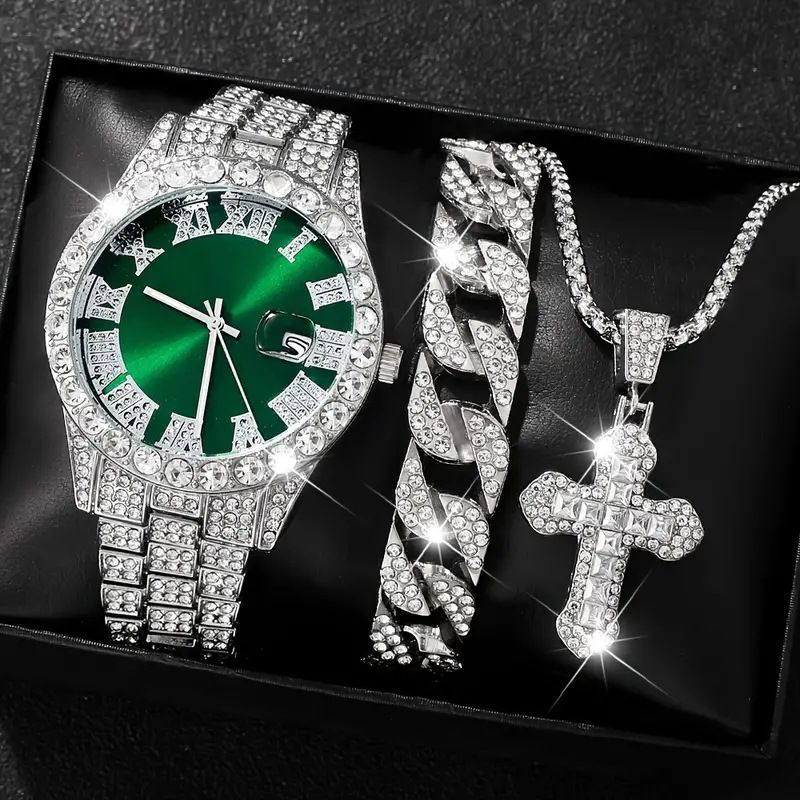 Men's Watches New Submariner Large Rhinestone Diamond Men's Watch Roman Scale Calendar Watch Men's Gold Watch Set_voghion.com