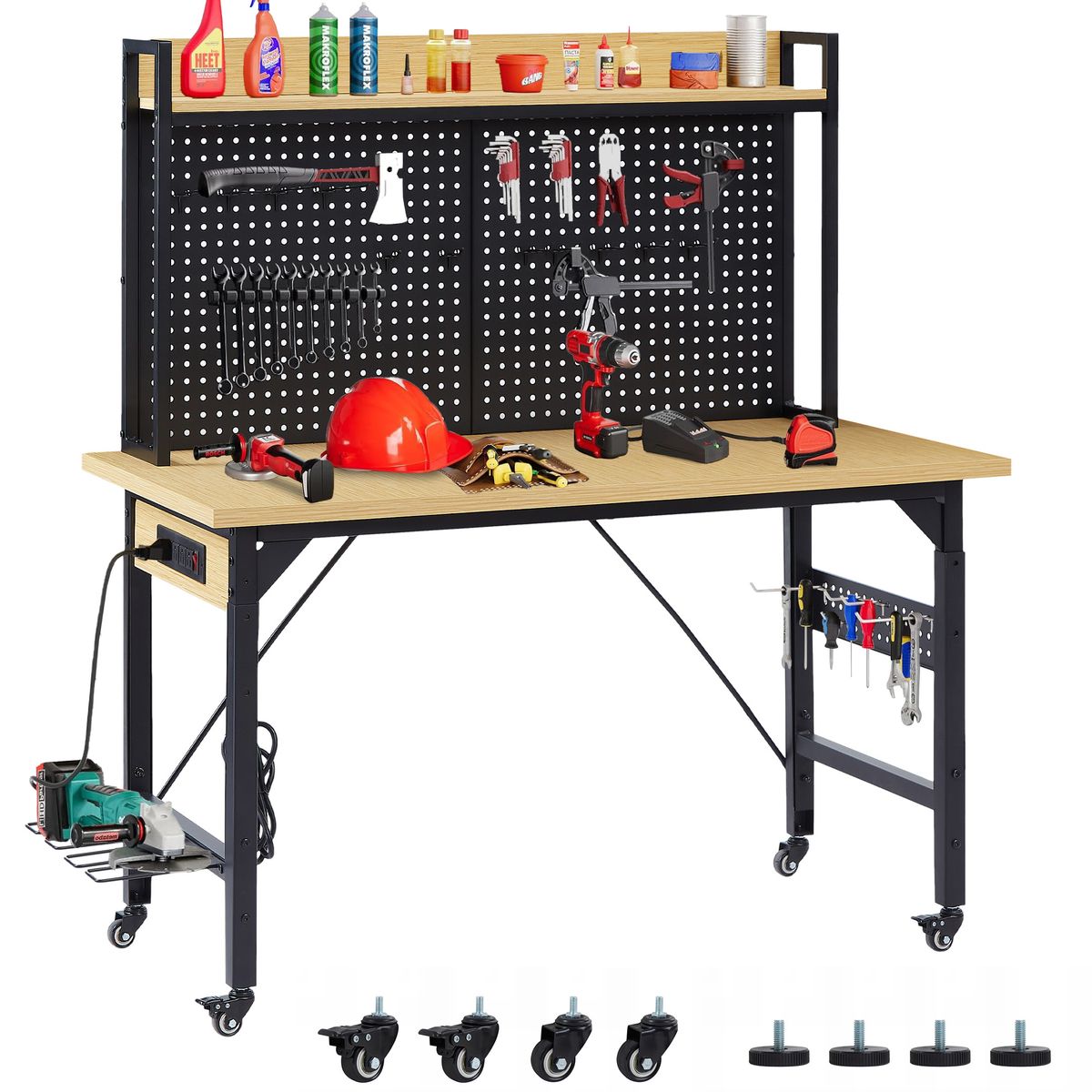 48''Adjustable Workbench With Pegboard, Heavy Duty Wooden Desktop Workbench With Wheels, 1600 Lb. Load Capacity, Rolling Workbench With AC/USB Outlet, Hooks, Shelf, For Garage, Workshop, Office, Home._voghion.com