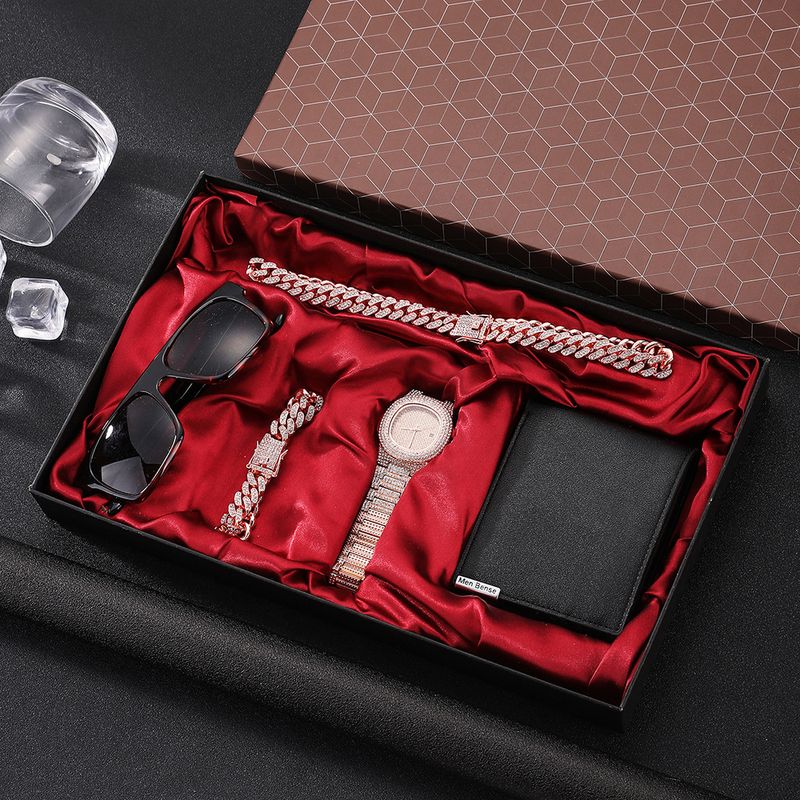 Watch Gift Set Men's Alloy Quartz Watch + Cuban Bracelet Necklace + Wallet + Sunglasses Gift Box Set 5 Pieces_voghion.com