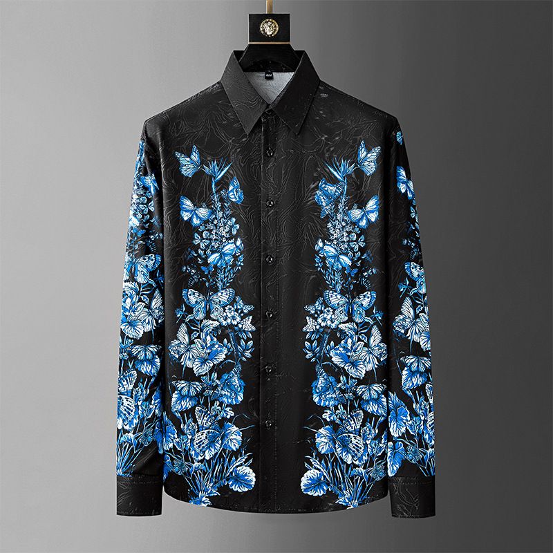 Men's Clothing Light Luxury Loose Version Men's Shirt Autumn Hard Blue Peony Flower Long Sleeved Shirt Versatile_voghion.com