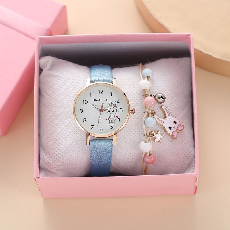 Uformell dame skolejente jente hjerte kanin urskive belteklokke + søtt kanin armbånd (2 stk/sett)_voghion.com