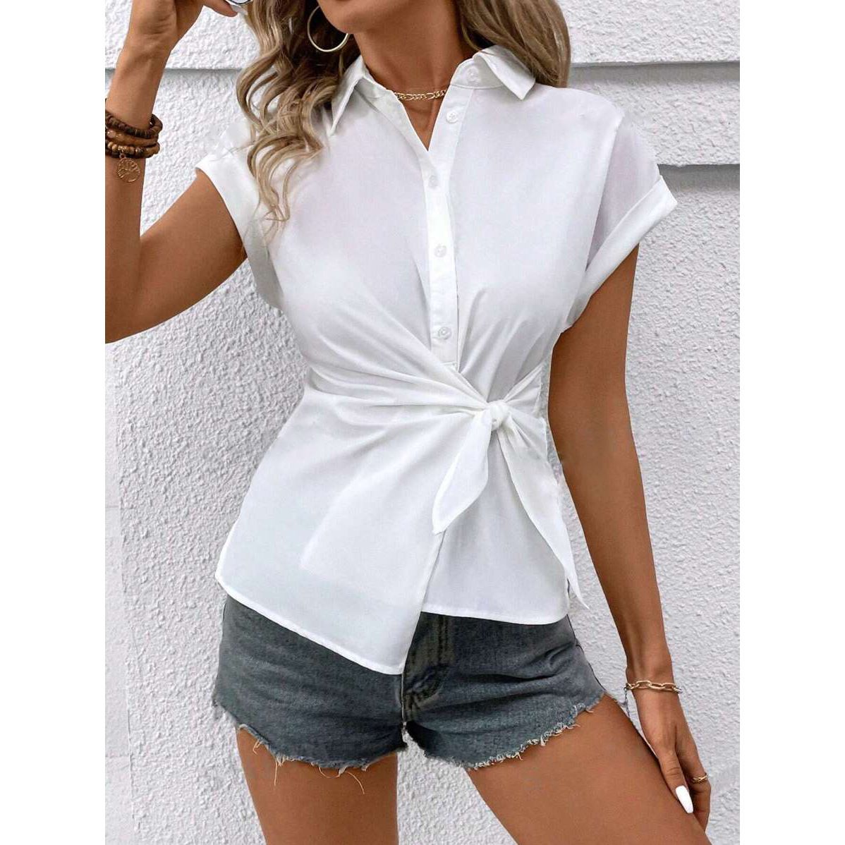 Abbigliamento da donna Camicia da donna estiva tinta unita a pipistrello a maniche corte con bottoni in vita_voghion.com