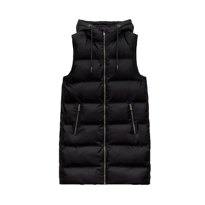 Wasserabweisende Windschutz-Pufferweste für Damen, Herbst/Winter, hoher Kragen, ärmellose Kapuzenweste, warme Oberbekleidung_voghion.com