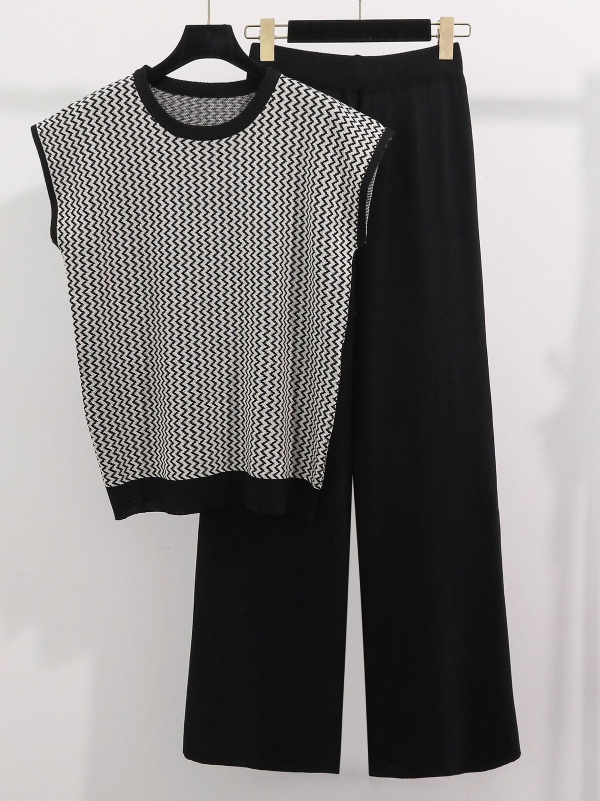 Damen neuer schlichter, lockerer, ärmelloser Retro-Strickanzug mit Weste, Oberteil und Hose mit weitem Bein, zweiteiliger Strickanzug für Damen_voghion.com