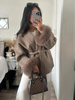 Elegant Lace Up Woolen Short Coat Solid Loose Lapel Furry Belt Long Sleeve Jacket Female 2025 Autumn Winter Lady Chic Cardigan_voghion.com