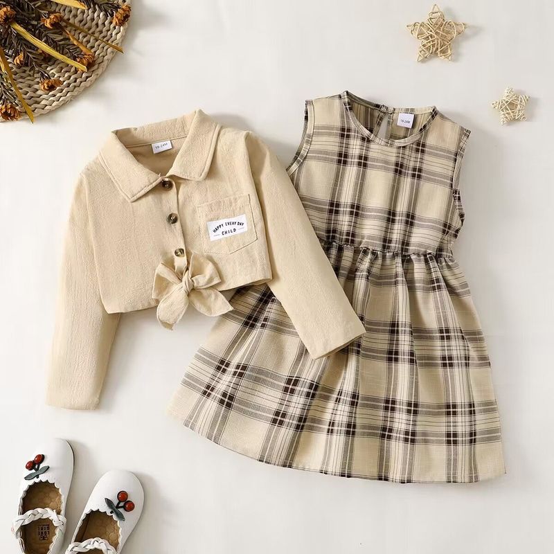 Girls Spring and Autumn New Coat Apricot Plaid Long Two piece Set Skirt 222206312_voghion.com