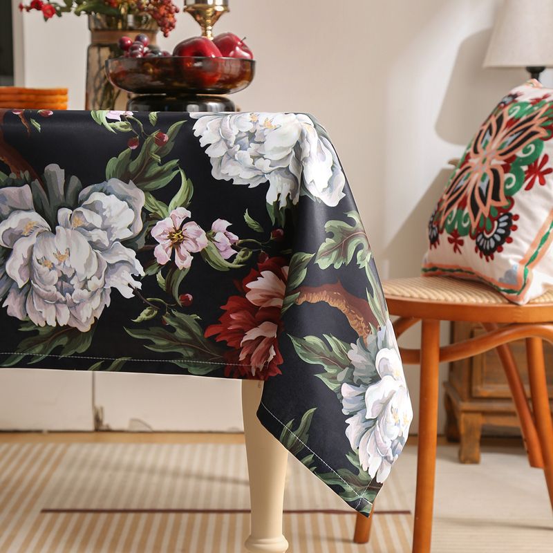 Polyester Tablecloth With Peony Print – Non-Slip Rectangular Table Cover (Black Floral Design, Heat-Resistant, Dustproof, Durable)​_voghion.com