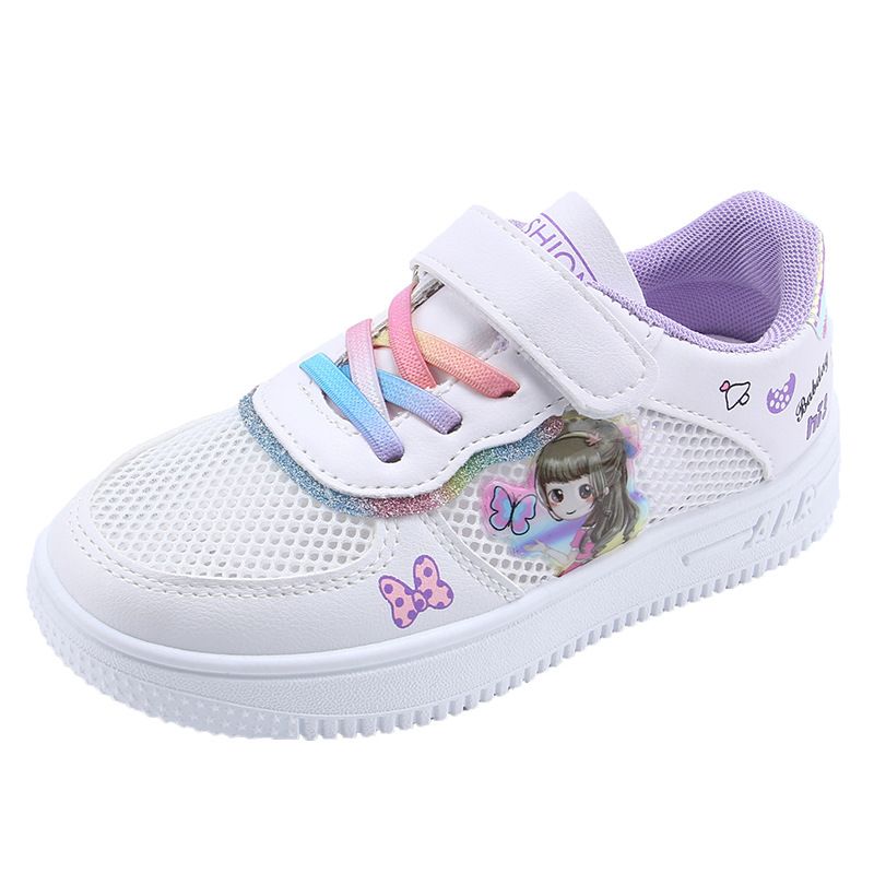 Tênis de malha brancos para meninas, primavera e verão 2025, tênis infantis respiráveis, novos, para crianças de médio e grande porte, calçados esportivos casuais_voghion.com