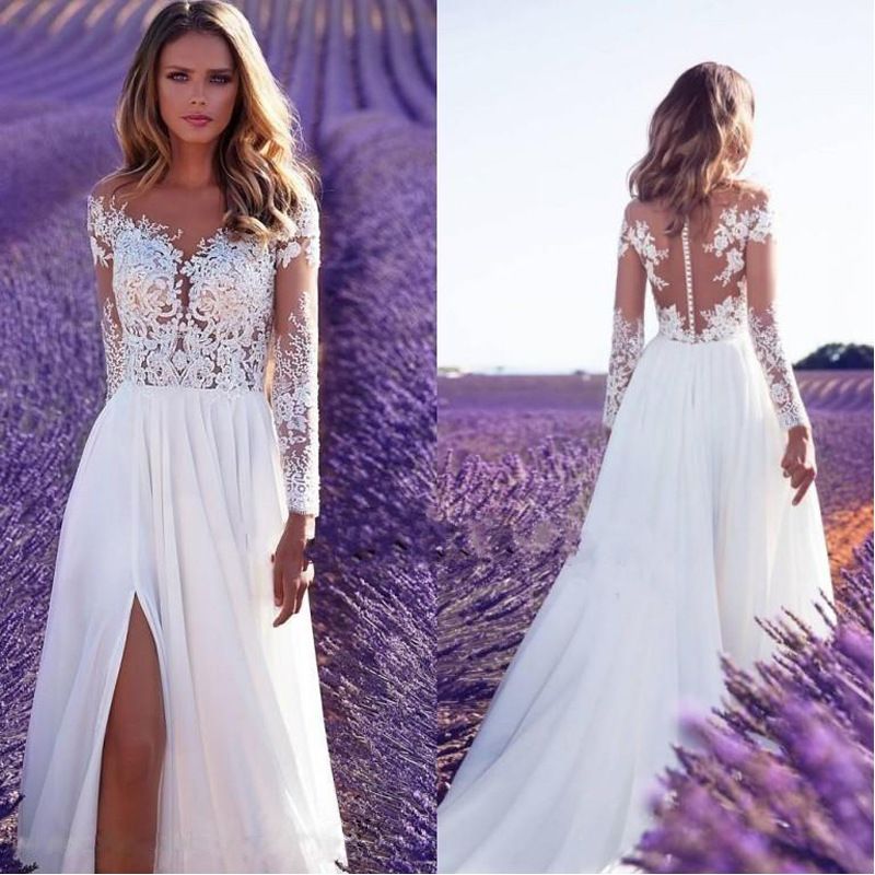 Abbigliamento da donna Abito da sposa con abito a fessura in pizzo a maniche lunghe_voghion.com
