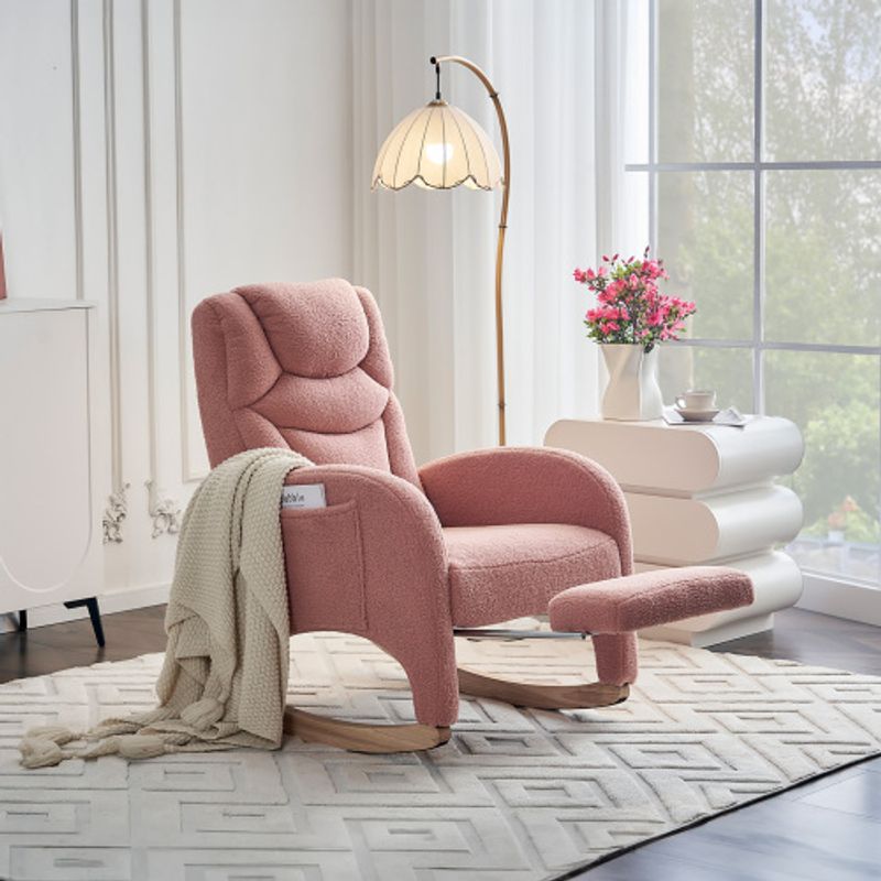 052 Schaukelstuhl, Relaxsessel, Wohnzimmerstuhl Mit Armlehne, Gepolsterter Schaukelstuhl, Akzentstuhl Für Schlafzimmer, Rosa Teddy-Stoff, 110 Kg Tragkraft_voghion.com