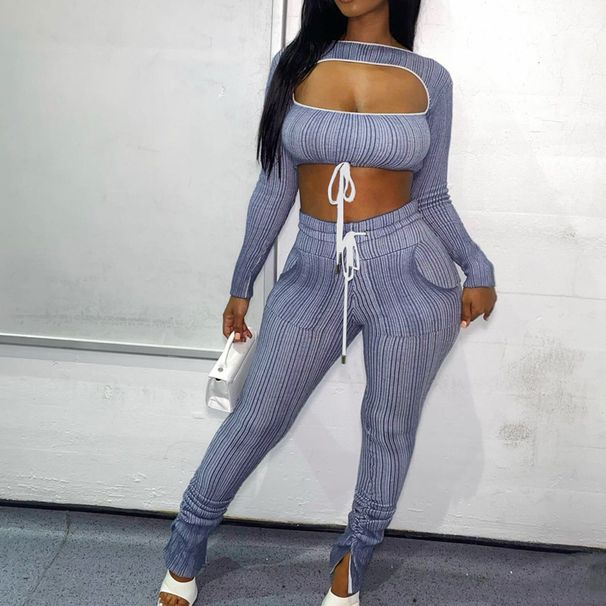 Modisches, sexy, gestreiftes, bedrucktes Set aus kurzem Oberteil und Bleistifthose für den Weg zur Arbeit für Damen, zweiteiliges Outfit_voghion.com