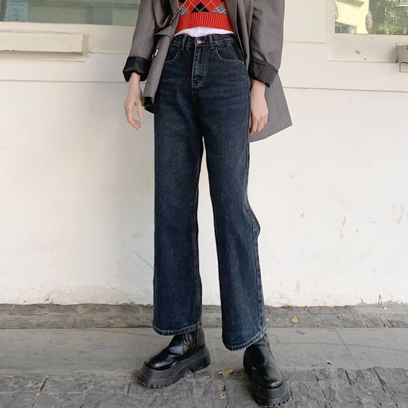 Blugi scurți, cu talie înaltă, cu croială dreaptă, pentru femei, de toamnă, versatili și slăbiți, lejeri, cu croială largă, pantaloni lungi_voghion.com