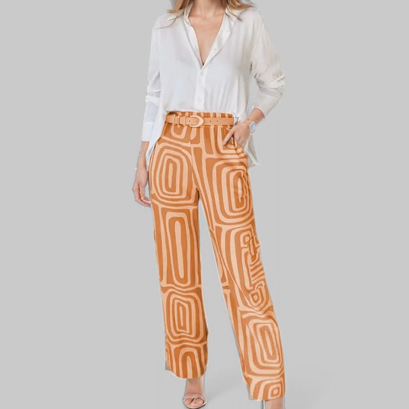 Elegantes Hosenset mit geometrischem Print für Damen – knitterfreie Bürokleidung aus Polyester, langärmelige Bluse und Hose_voghion.com