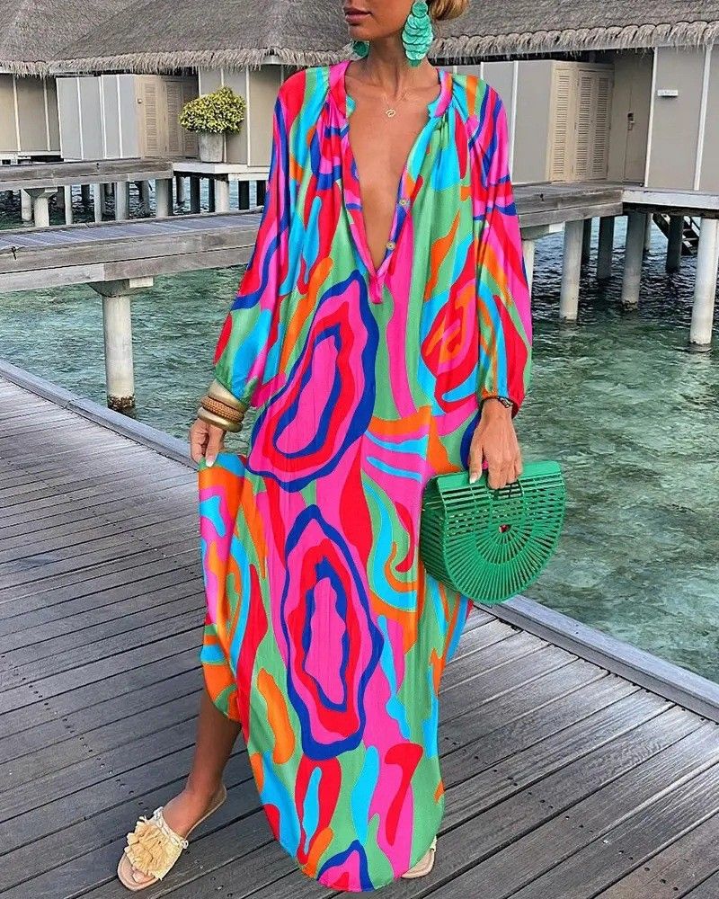 Women's 2023 spring V Neck Loose Long Sleeve Printed Dress _voghion.com