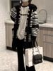 K Retro Wave Stripe Sweater; Black And White Color-blocked Cardigan; Loose Mid-length Knitted Jacket; Hooded Coat For Women_voghion.com
