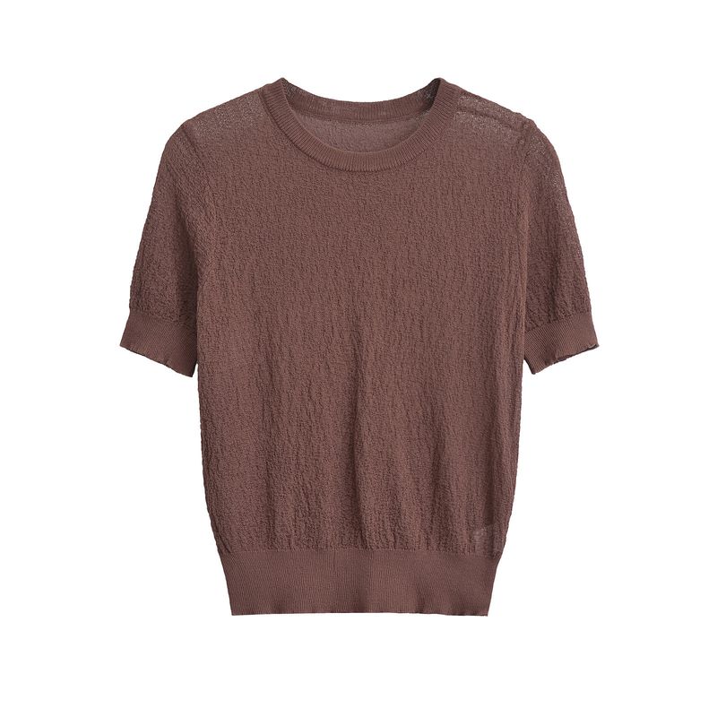 Haut à manches courtes en tricot fin à col rond pour femme, nouvelle mode de rue automne/hiver 2024_voghion.com