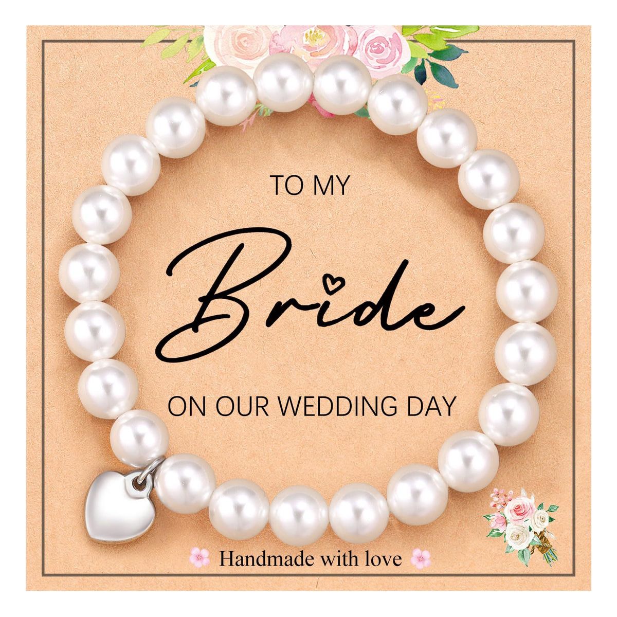 Schmuck aus reinem Naturstein, Perlen, hochglänzend, elastisches Seil, verstellbar, Muttertagsgeschenk, 8 mm weiße Perle, Liebesanhänger, Armband_voghion.com