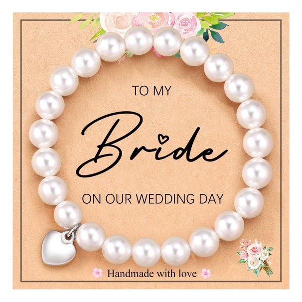 Schmuck aus reinem Naturstein, Perlen, hochglänzend, elastisches Seil, verstellbar, Muttertagsgeschenk, 8 mm weiße Perle, Liebesanhänger, Armband_voghion.com