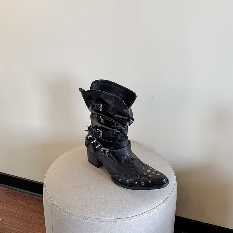 Damenschuhe Retro Bestickte Western-Cowboystiefel mit spitzer Spitze Damen 2025 Frühling und Sommer Neue dicke Ferse Vielseitige Ritterstiefel Ärmel Lange Stiefel_voghion.com