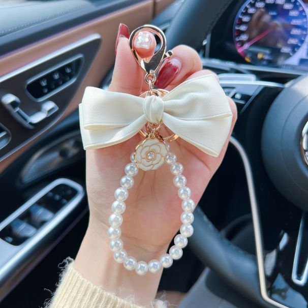 Creative Fashion Bow Camellia Pearl String Car Keychain Women's Bag Pendant Phone Charm_voghion.com