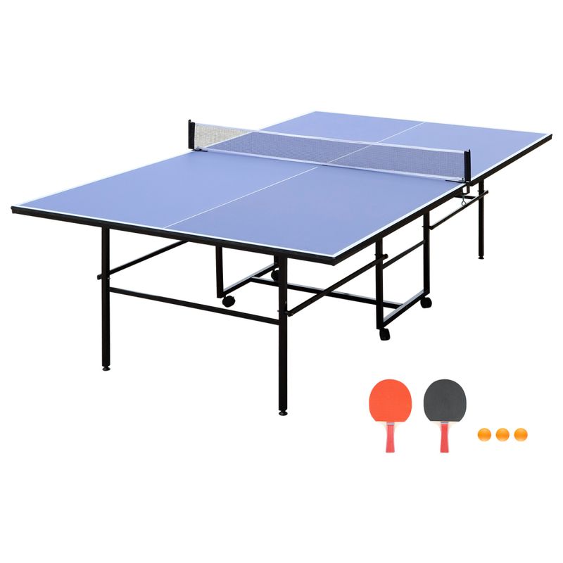9ft Mid-Size Table Tennis Table Foldable & Portable Ping Pong Table Set For Indoor Games With Net, 2 Table Tennis Paddles And 3 Balls_voghion.com