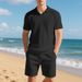 Lockeres Poloshirt im amerikanischen Stil mit Sommerkragen und Waffelmuster für Herren, lässiges Kurzarm-Shorts-Set für Herren_voghion.com