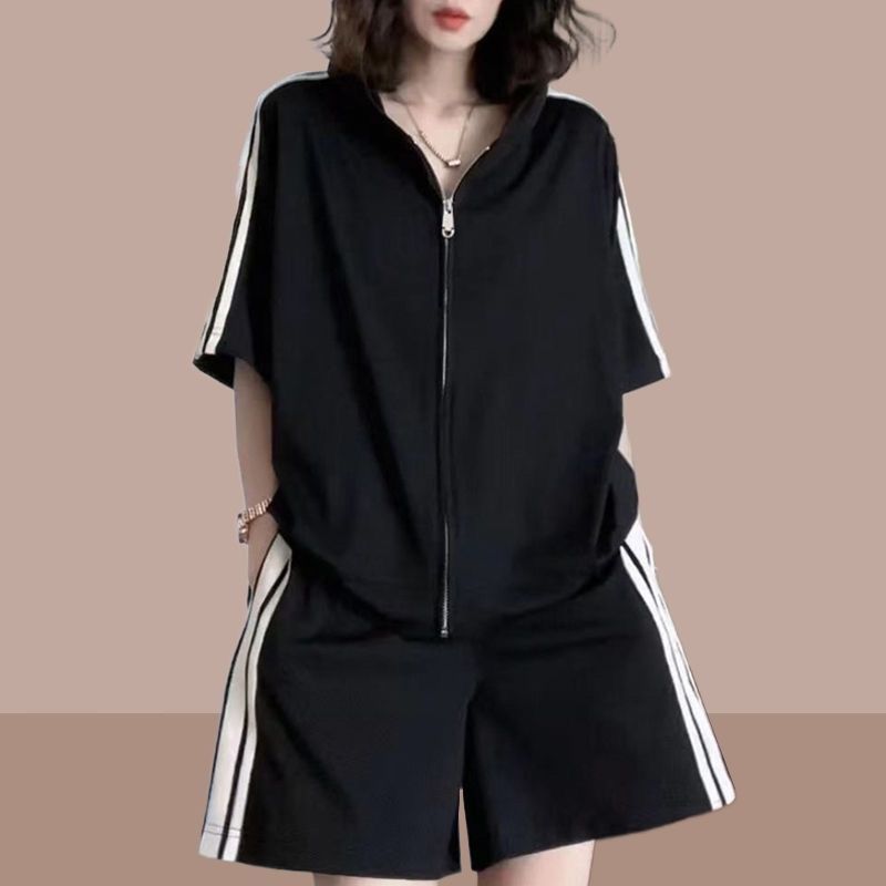 Large size women's clothing, fat mm, 200 pounds, loose summer cardigan, short sleeved shorts, sports, casual running_voghion.com