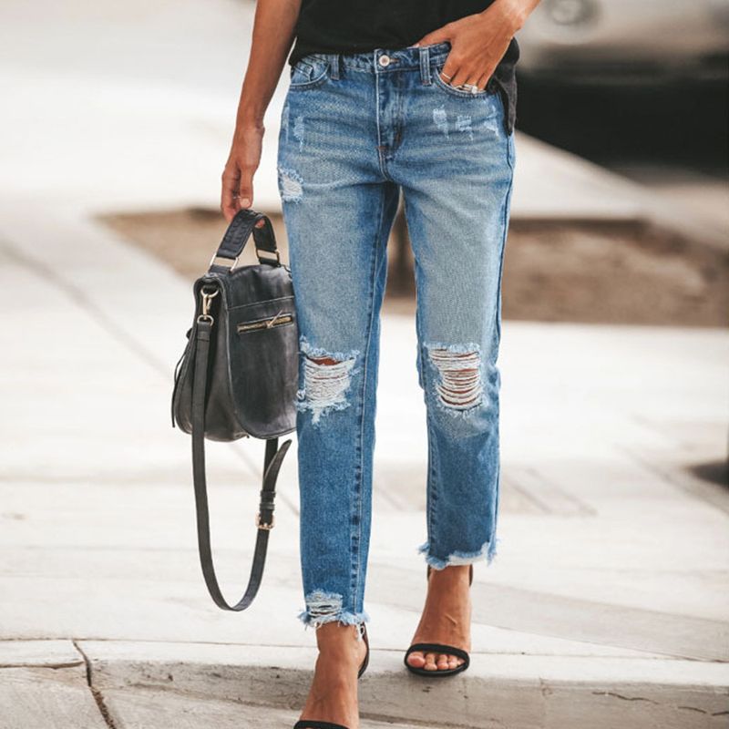 Damenbekleidung Versorgung Lochfreie elastische Retro-Mode-Jeanshose für Frauen_voghion.com