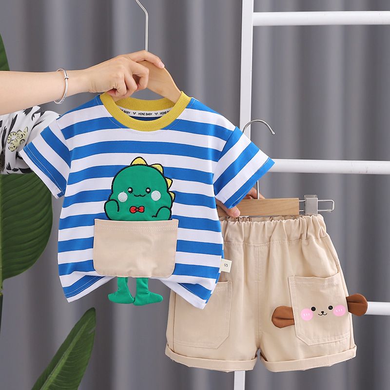 2024 New Short sleeved Striped Dinosaur Cartoon for Cute and Breathable Boys aged 2-3 to 4, Handsome Two Piece Set_voghion.com