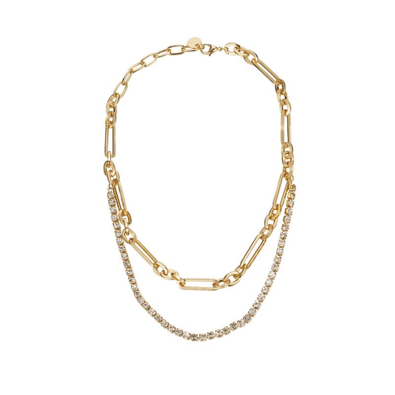 Collana con catena a forma di osso di serpente con doppio strato geometrico in oro tempestato di diamanti alla moda, placcata in rame, in vero oro K, per donna_voghion.com
